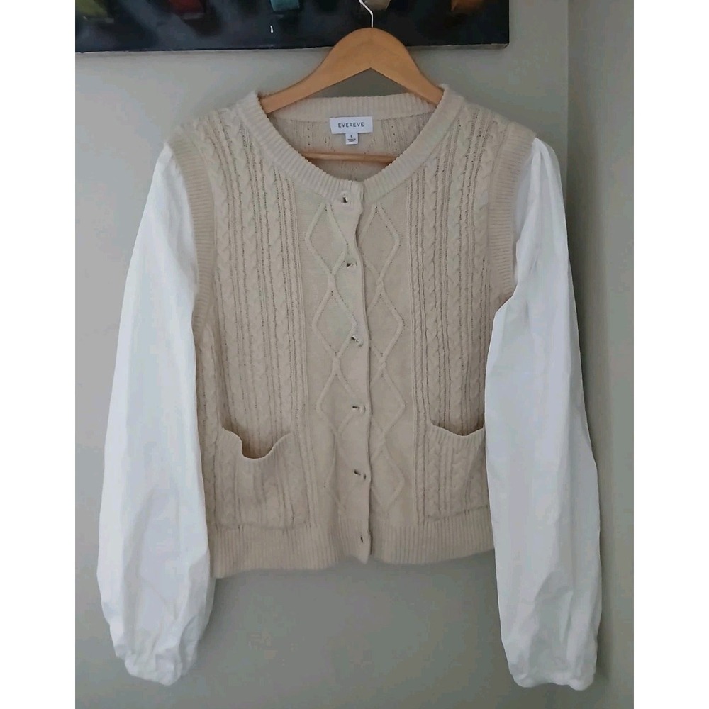 Evereve Della Crew Twofer Sweater Size Large Cable Knit Fisherman Puff Sleeves